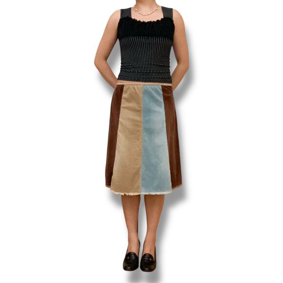 Vintage 90s Ruth Corduroy Patchwork Midi Skirt Striped Cotton Brown Blue - Picture 3 of 11